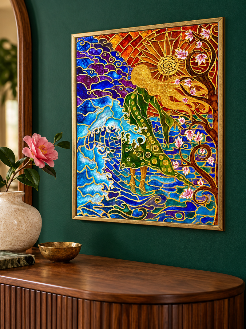 Where the Waves Lead — Blue & Gold Figurative Fine Art Print