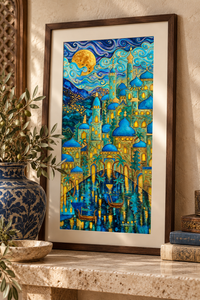 City of Moonlight — Dreamlike Blue & Gold Fine Art Print