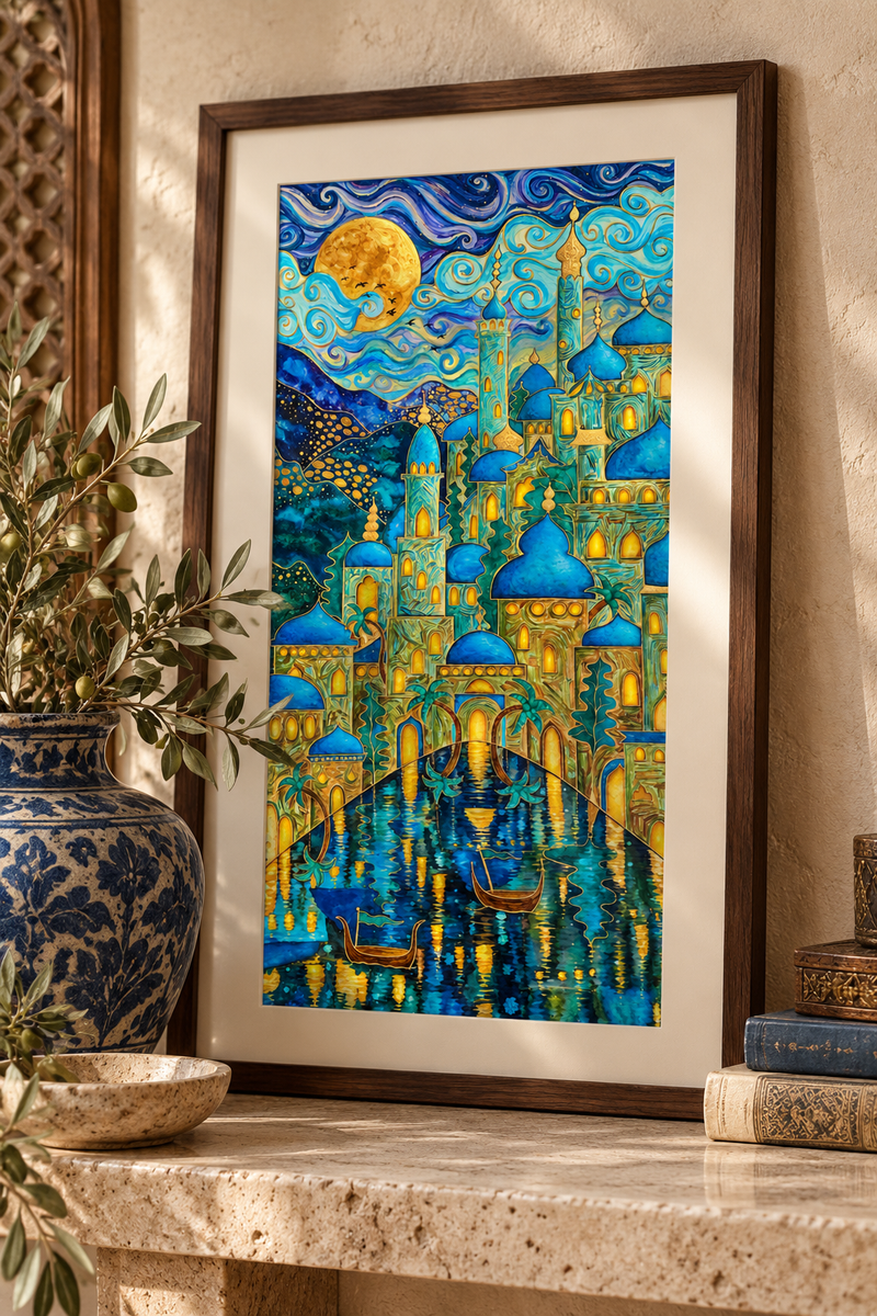 City of Moonlight — Dreamlike Blue & Gold Fine Art Print