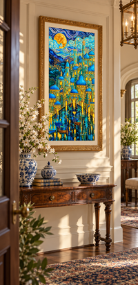 City of Moonlight — Dreamlike Blue & Gold Fine Art Print