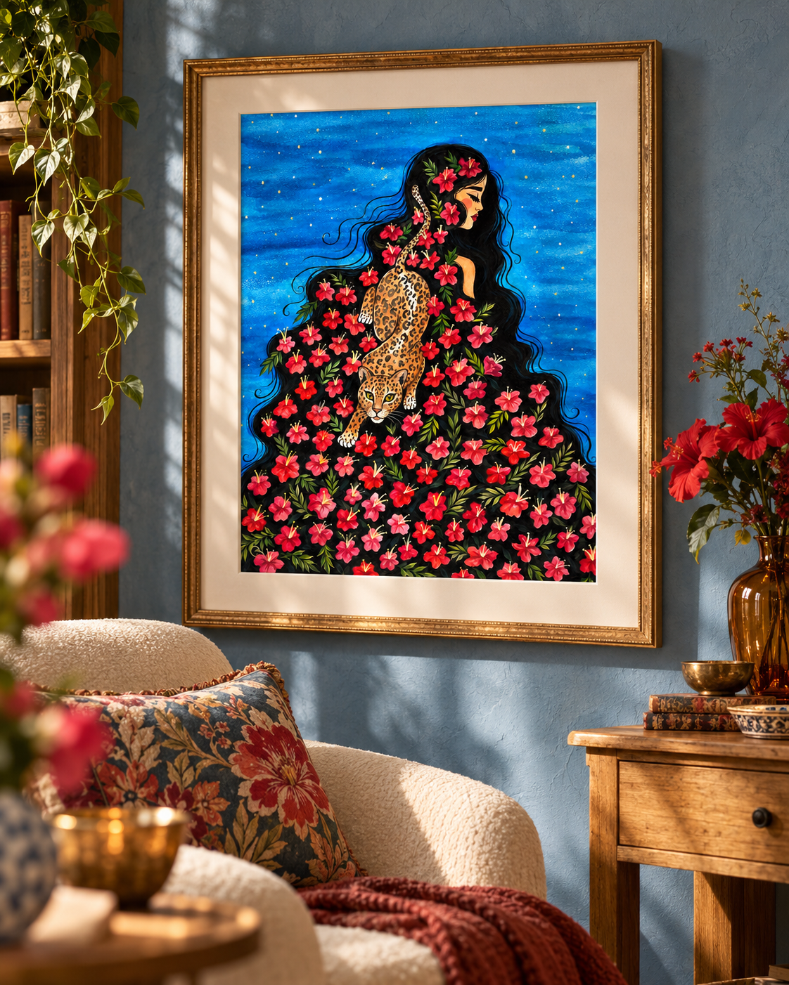 Wild Kinship — Floral Woman & Wild Cat Fine Art Print