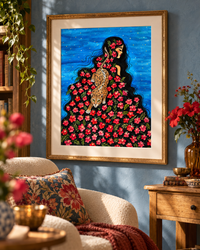Wild Kinship — Floral Woman & Wild Cat Fine Art Print
